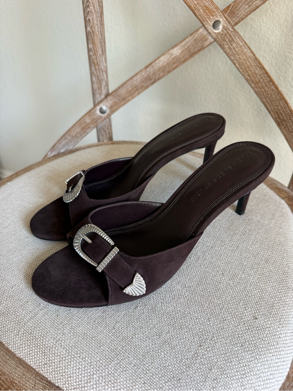 Black Suede Studio Elena Buckle Mule Heels - Picture 2 of 7